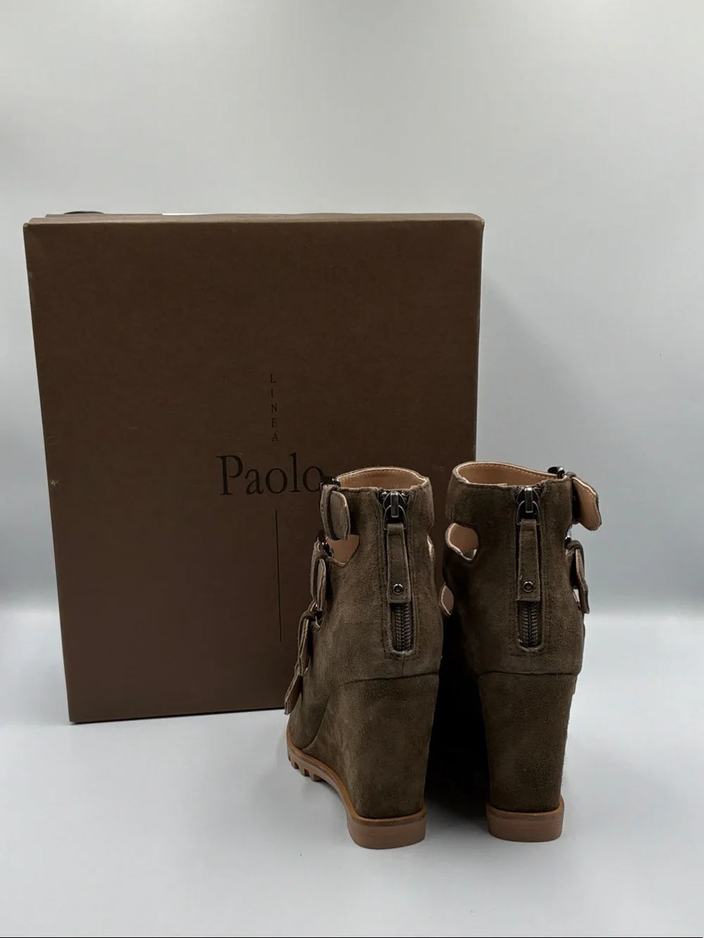Linea Paolo Taupe Suede Multi-Strap Buckle Wedge Sandals